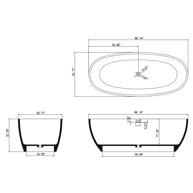 66.81 In. X 30.58 In. Stone Resin Solid Surface Freestanding Flatbottom Soaking Bathtub With Drain In Matte White