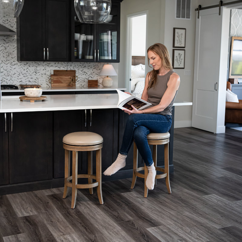 Maven Lane Eva Stool with Faux Leather Upholstery, Weathered Oak, Counter Stool (26” Seat Height)