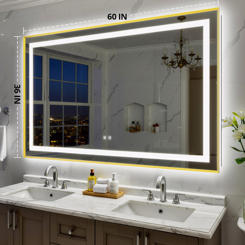 Bathroom LED Mirror Brushed Gold Metal Frame Frontlit & Backlit Vanity Mirror Anti-Fog Stepless Dimmable 3 Colors Wall-Mounted