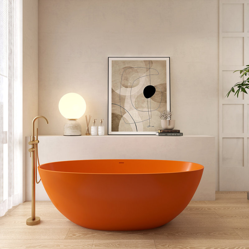 65''Solid Solid Surface Bathtub, Freestanding Soaking Bathtub, Orange
