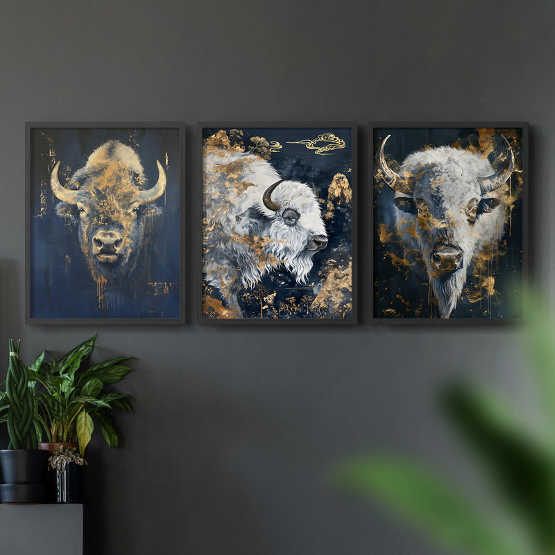 Buffalo Series XLIX - ensemble de 3 estampes numériques encadrées - prêt à être accroché, Cadre noir, H 20 po x l 16 po