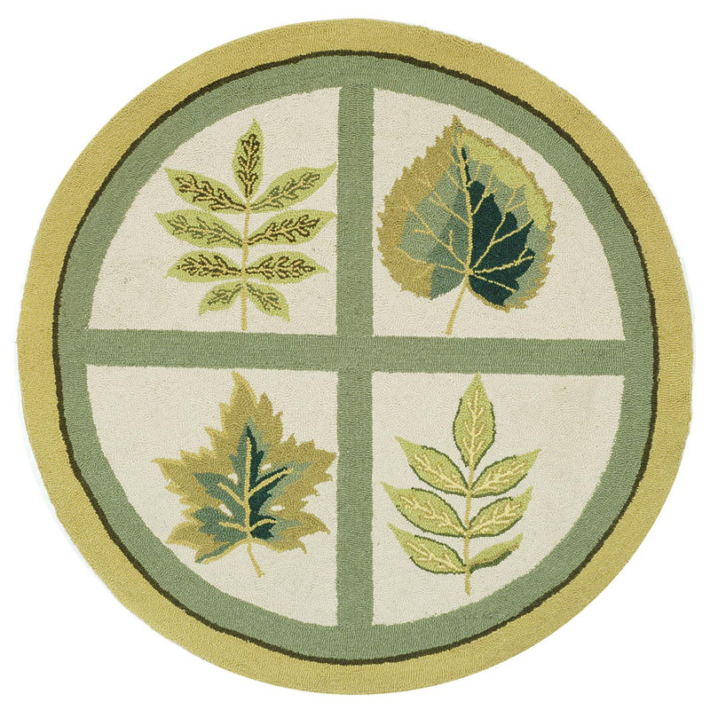 Handmade Round Ivory and Green Wool Cotton Rug