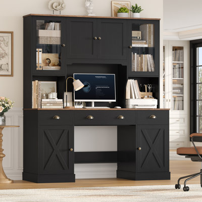 📚 Chewning 63"W X 74.8"H Computer Desk with Hutch & 3 Drawers, Farmhouse Office Desk with Storage Cabinets, Adjustable Shelves & Bookshelf Set