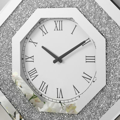 Octagonal Mirror & Artificial Gemstone Wall Clock - Luxe Decor Piece for Glamorous Spaces