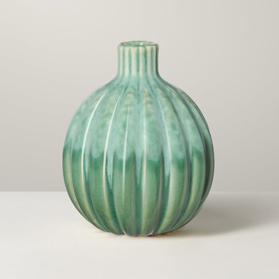 5" Green Ceramic Reactive Glaze Ribbed Gourd Vase