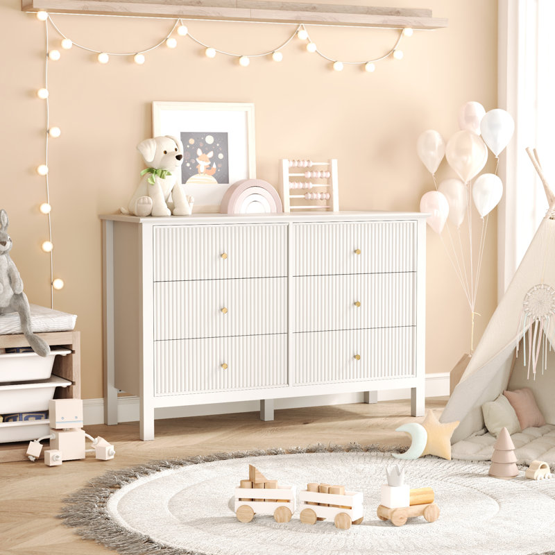 Modern Fluted 6 Drawer Dresser, White