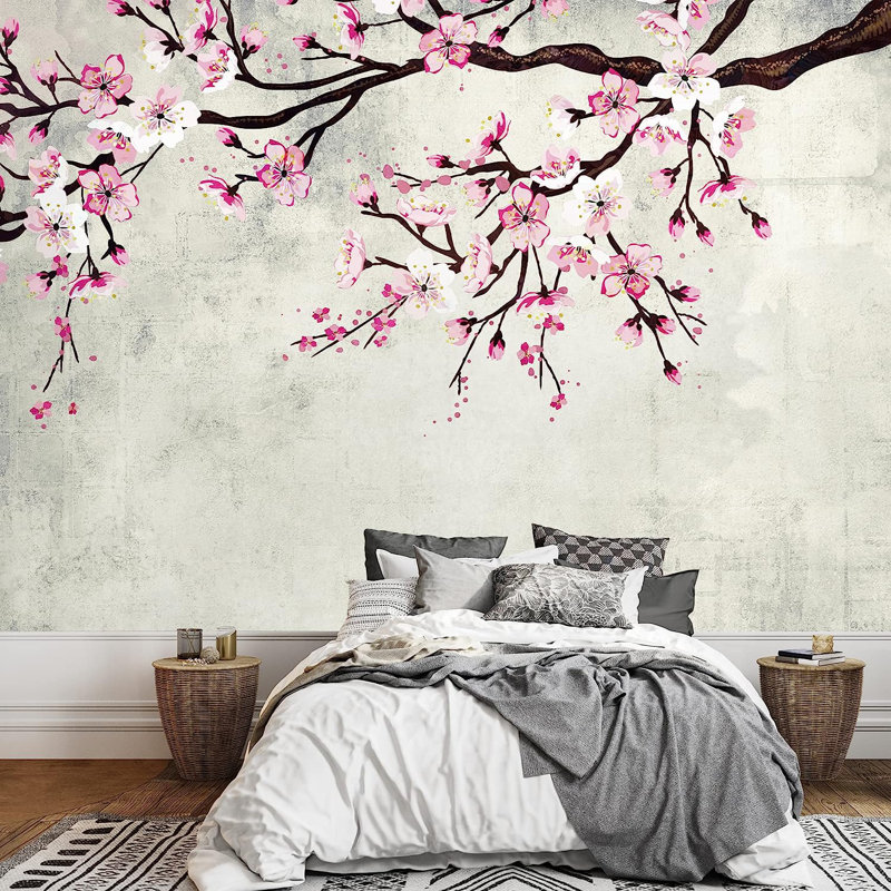 Peinture à l'encre de style aquarelle sur fond de cerisier rose, L 66 po x l 96 po