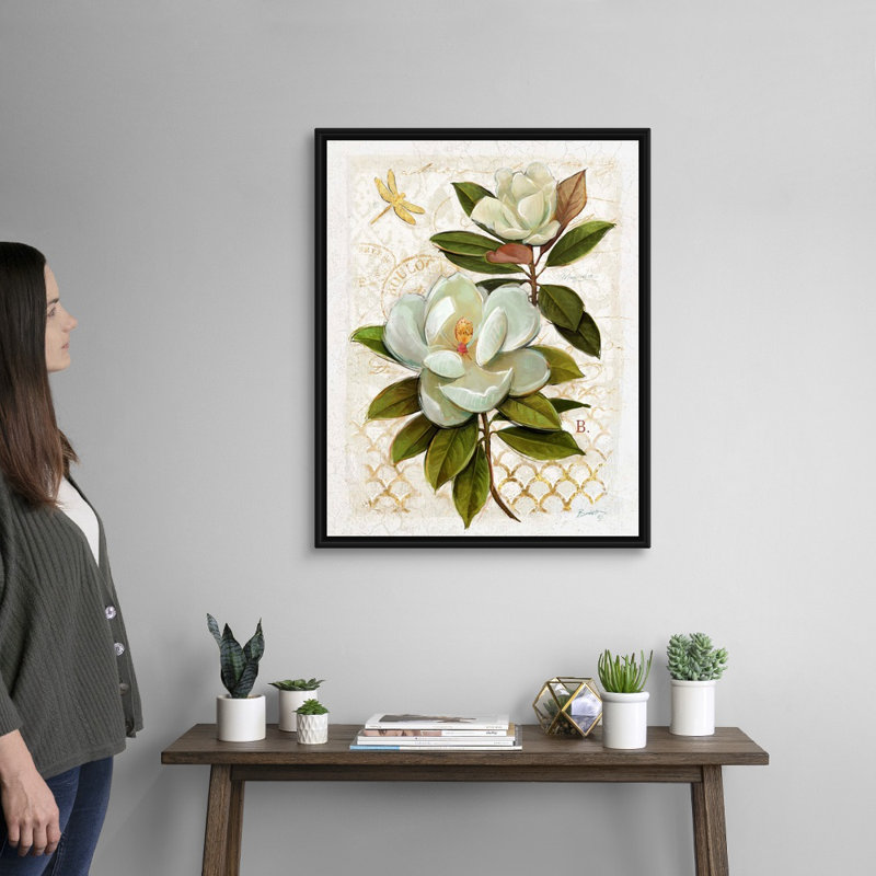«Heirloom Magnolia» sur toile grise, Cadre noir, H 24 po x l 30 po x P 1,75 po