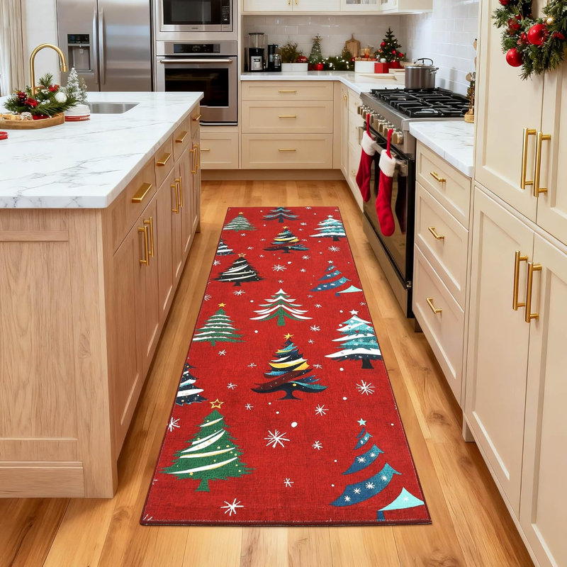 2x6 Runner Rug, Christmas Rugs with Xmas Tree Pattern for Holiday Decor, Non Slip Low Pile Washable Rug for Kitchen, Entryway, Living Room, Bedroom, Red
