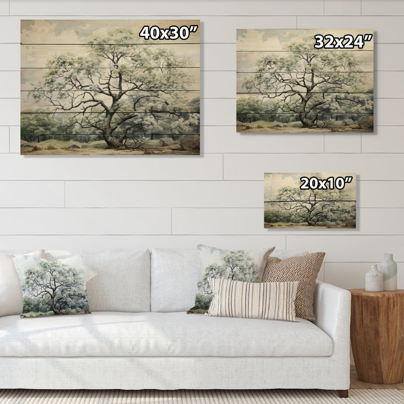 Arbre majestueux blanc et vert - Reproduction d'arbres sur bois de pin naturel, H 24 po x l 32 po x P 0,78 po