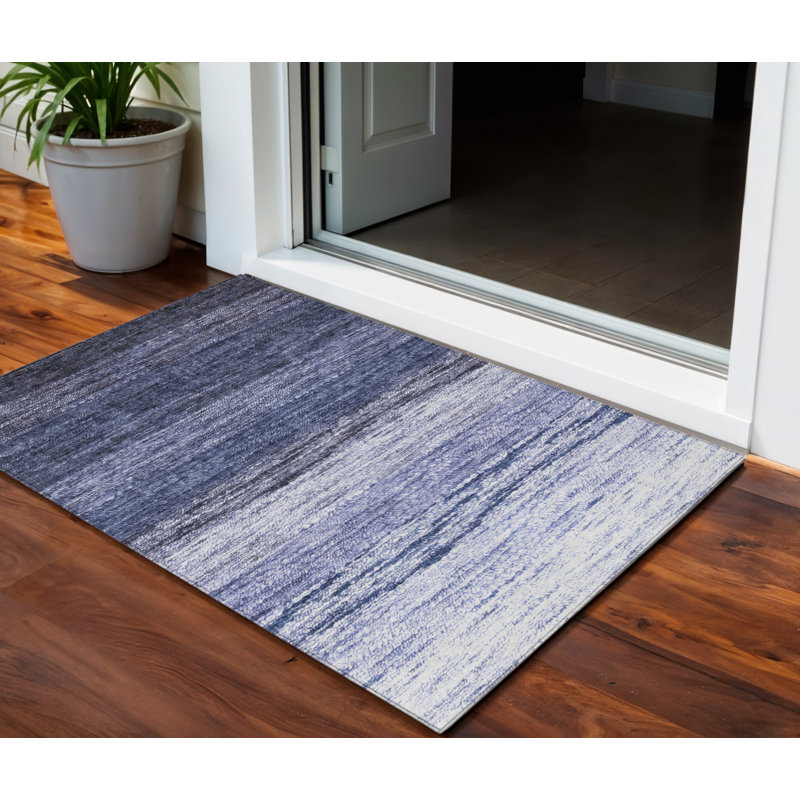 3' X 5' Navy Blue And Ivory Ombre Washable Indoor Outdoor Area Rug