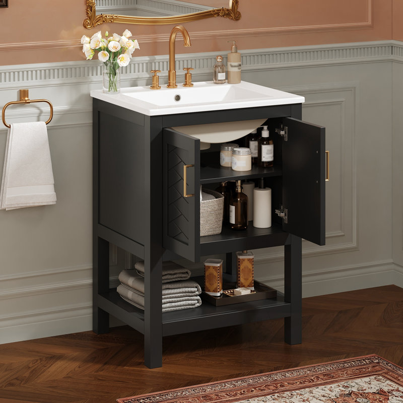 Meuble-lavabo de salle de bain avec dossier ouvert et tablette réglable, Noir