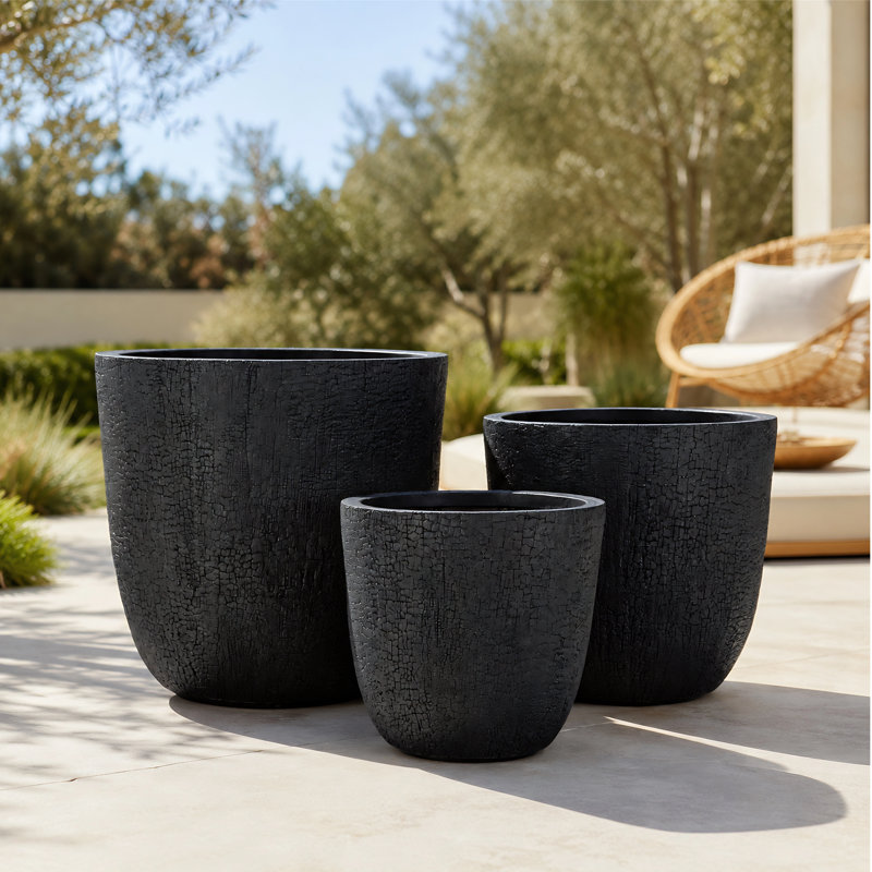 Ensemble de pots de fleurs 3 pièces à texture craquelée avec trous de drainage pour patio , Noir