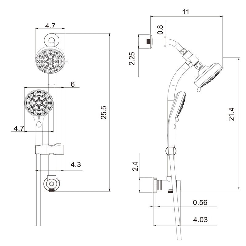 Système de pomme de douche double noir mat avec pomme de douche à pluie 4,7 po et douchette à 8 fonctions sur barre coulissante