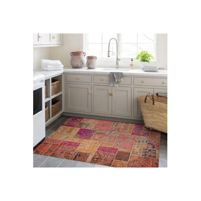 Patchwork Look Pink Orange Toned Woven Base Decorative Machine Washable Area Rug