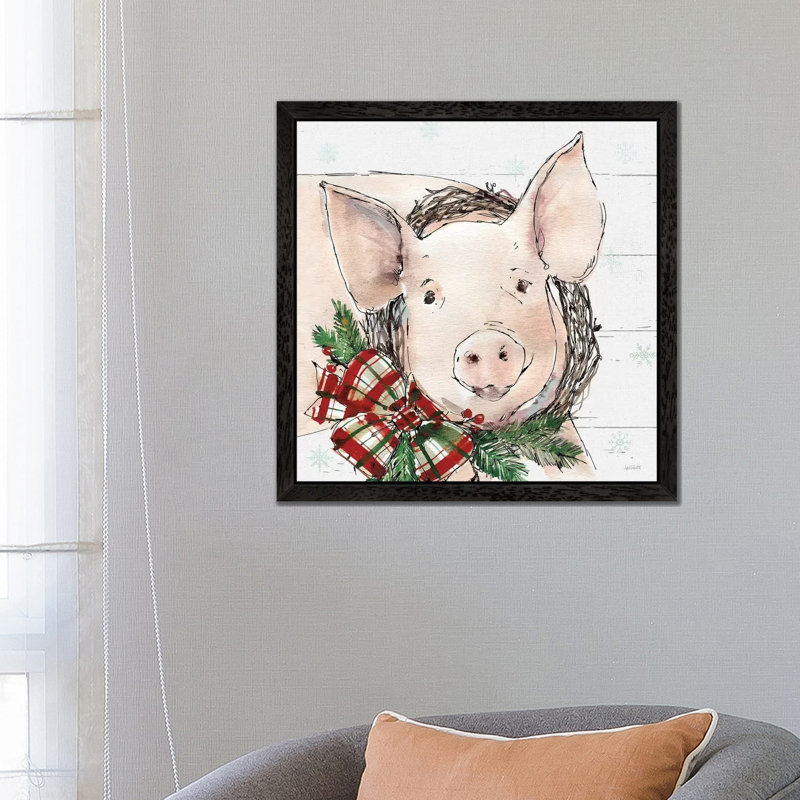 Christmas Pig by Anne Tavoletti - Floater Frame Painting on Canvas, 45.72 cm H x 45.72 cm W, Black Framed