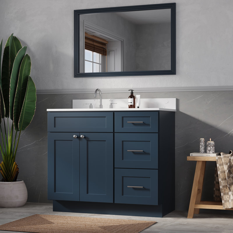 Meuble-lavabo simple avec plateau en quartz Disar, Gauche, Bleu