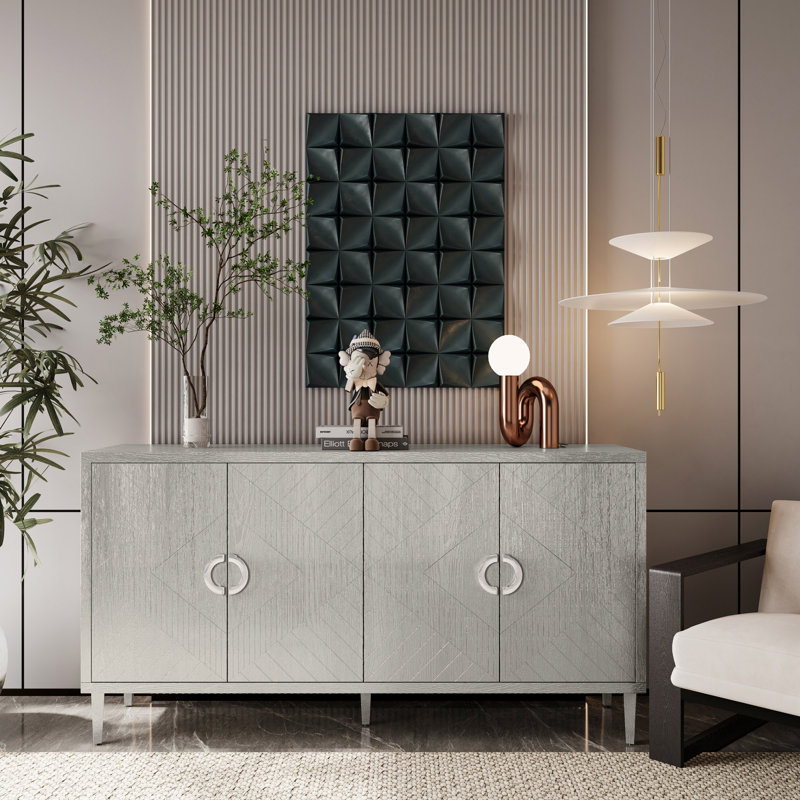 Stylish And Functional 4-Door Storage Cabinet With Pine Legs And MDF, For Living Room Bedroom,And Kitchen, Champagne