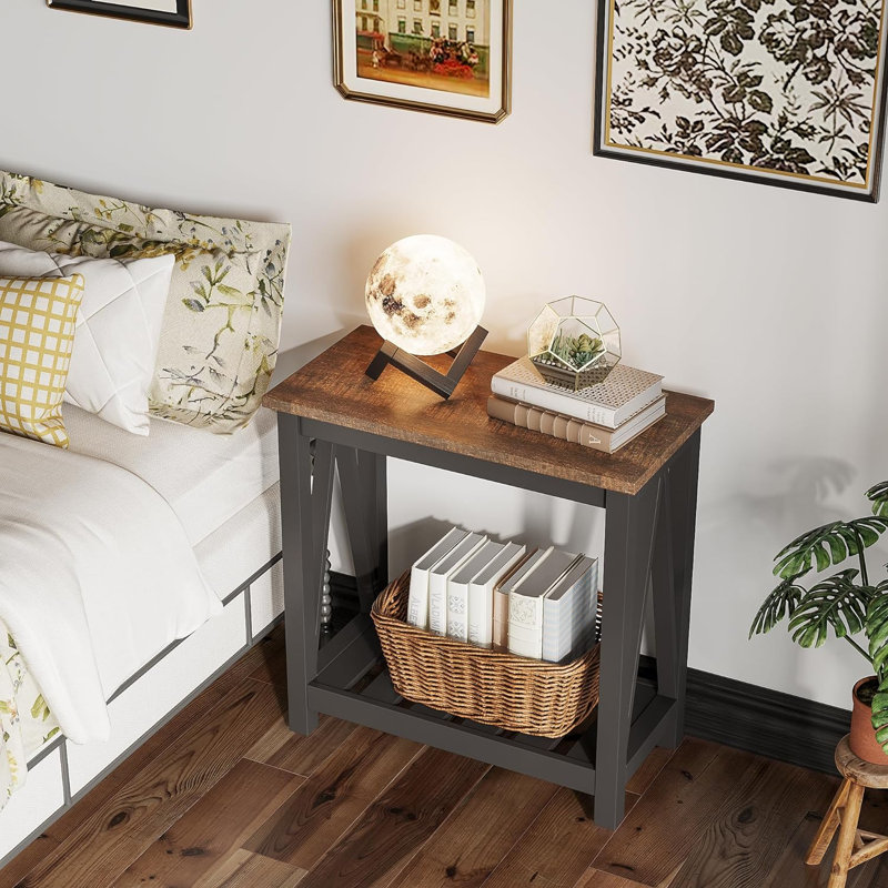 23.6" H Slatted End Table with Storage, Black