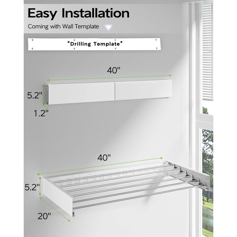 Séchoir à linge mural pliable, H 5,2 po x l 40 po x P 20 po, Blanc
