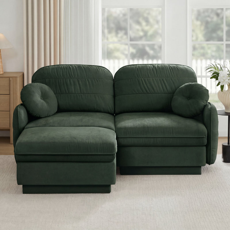 Canapé modulaire rembourré en L de 73 po avec repose-pieds mobile, 2 coussins ronds et une base encastrée, Green Chenille