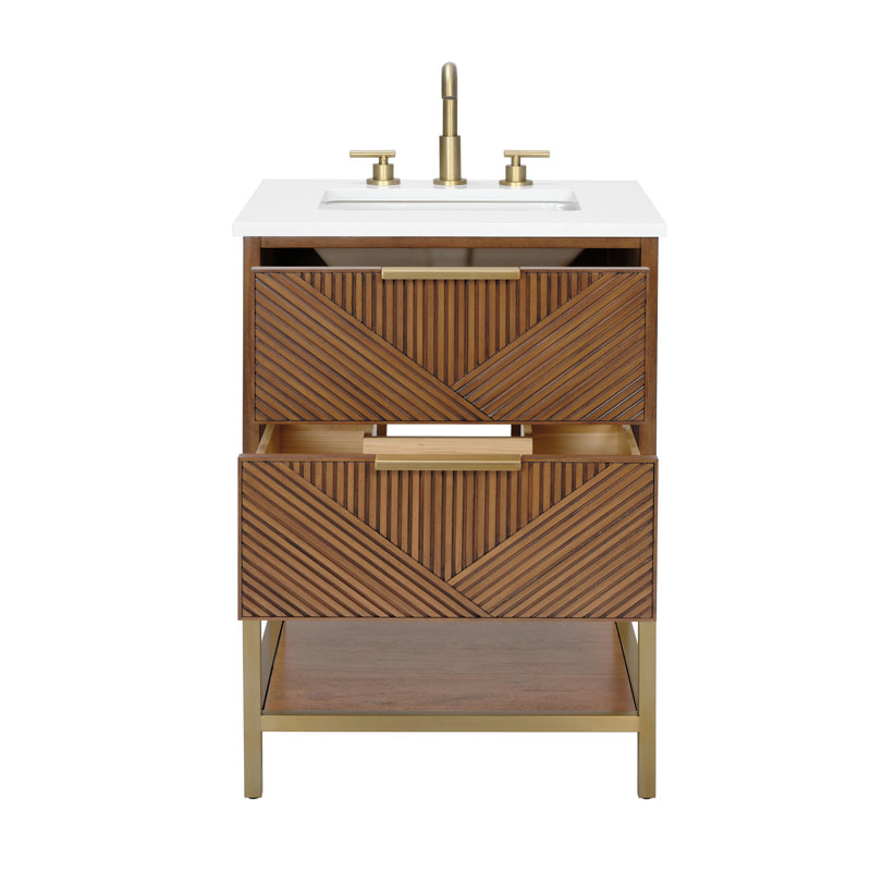 Diamond 24 in. Single Vanity, White Quartz, Walnut, Satin Brass