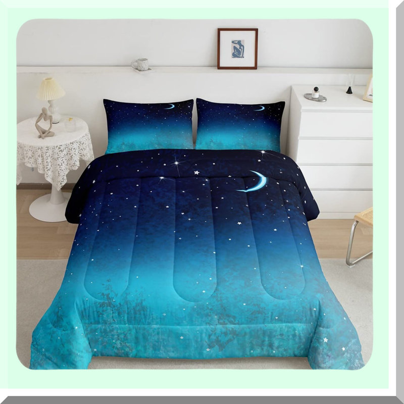 Starry Sky Dreamer Bedding Set - Full Size 3 Piece Galaxy Comforter Set with Moon and Stars Design, Soft Reversible Duvet Insert and 2 Pillow Shams in Navy Blue Gradient. Perfect for a Kawaii Aesthetic Bedroom!