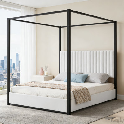 Lit à baldaquin avec tête de lit tapissier et structure en métal durable, parfait pour les chambres élégantes