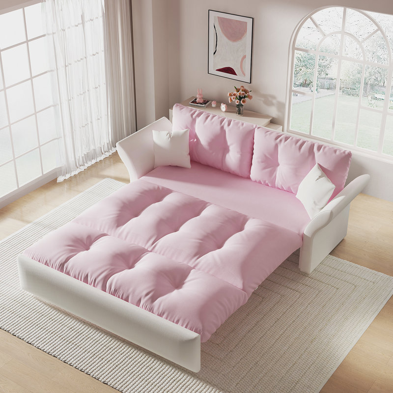 Grand canapé-lit escamotable, canapé-lit capitonné convertible 3-en-1, Blanc / Rose