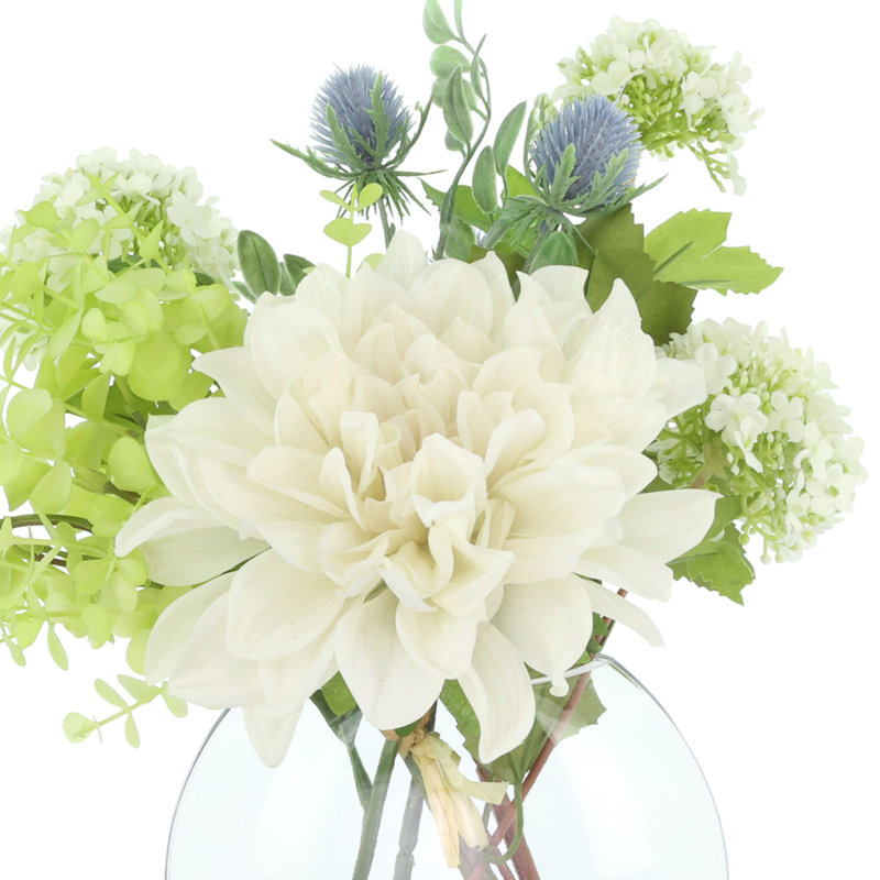 Dahlias and Eucalyptus Centerpiece in Vase, Beige