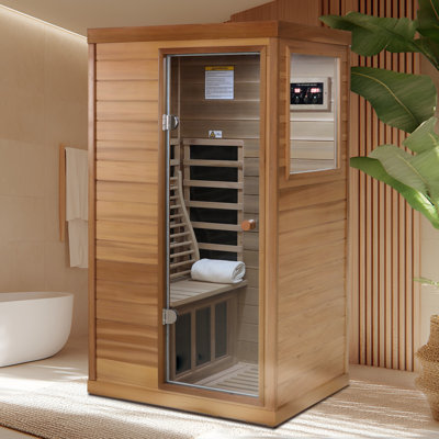 Red Cedar Mini One Person Far Infrared Glass Door On The Right Of The Indoor Sauna Room 