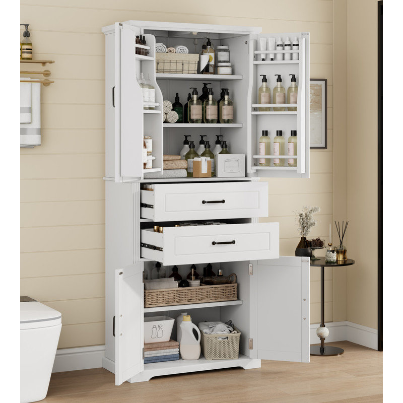 Armoire de rangement avec espace de rangement multifonctionnel, portes avec tablettes de rangement, 2 tiroirs, tablette réglable, blanc