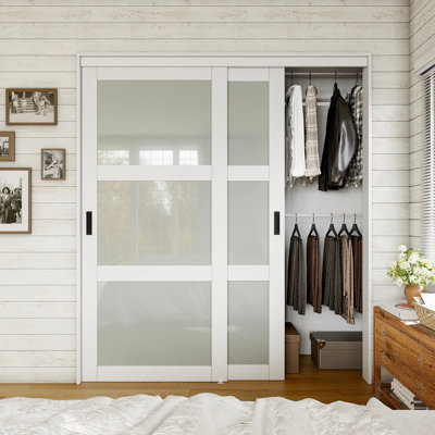 80'' 3-Lite White Frosted Glass Sliding Closet Door with Complete Hardware Kit, Italian Style Privacy Pantry Door, No Assembly Required, Perfect for Pantry, Closet & Bedroom Interior Use