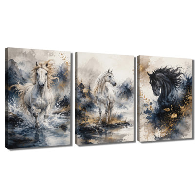 3 panneaux muraux noir et blanc avec impression d'aquarelle sur toile de montagne pour le salon