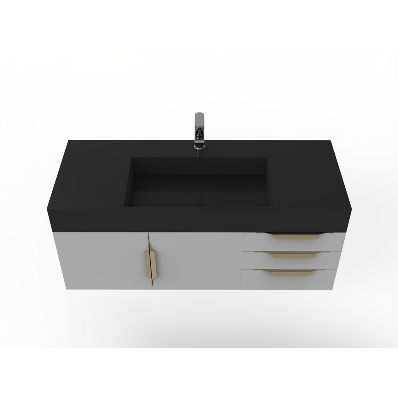 Meuble-lavabo mural simple 48 po avec comptoir à surface solide - base grise, plateau noir, poignées dorées, Noir, Gris, Doré