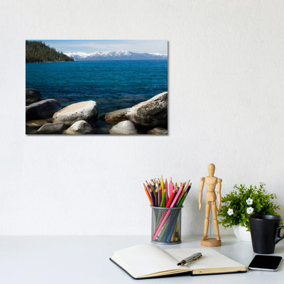 Rocks In A Lake With Mountain Range In The Background, Lake Tahoe, California, USA - Wrapped Canvas Print
