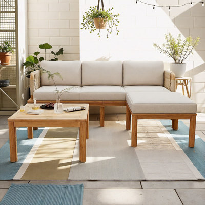 Outdoor 3-Piece Acacia Wood and Rope Patio Sofa Set - Waterproof Cushions, Coastal Design (75.5"L), Teak/Beige Color Scheme