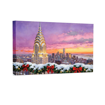 «Christmas Chrysler Building Snowy Holiday Skyline Sunset Decor», ensemble de 3 impressions d'art sur toile