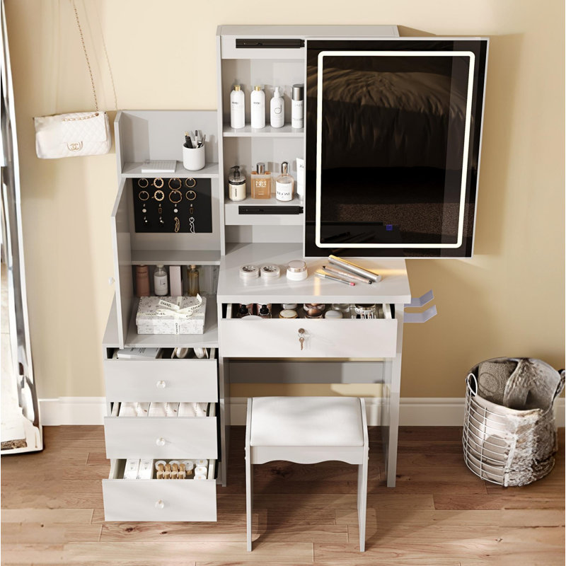 Vanity Desk Set With Sliding Lighted Mirror, Makeup Dressing Table With 4 Drawers & 9 Storage Spaces, Hidden Compartments And Cushioned Stool, White Beauty Furniture For Bedroom