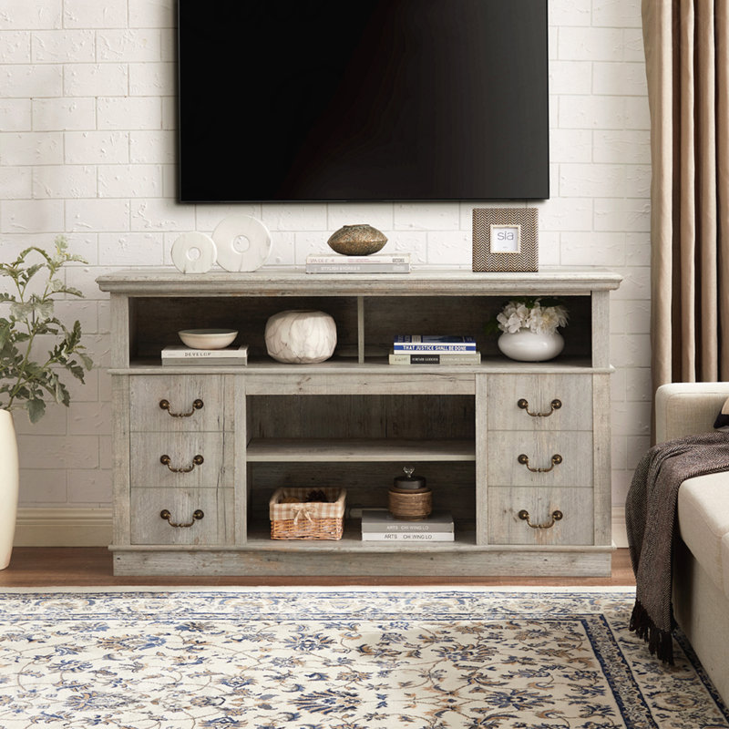 Farmhouse Rustic TV Stand, Wood Entertainment Center with Cable Management, Light Gray