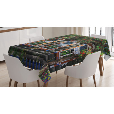 Ambesonne Shutters Tablecloth, Wooden House With Shutter At Windows Fence Flower Trees Blooms Dream Art, Rectangular Table Cover For Dining Room Kitchen Decor, 52" X 70", Red Green Brown