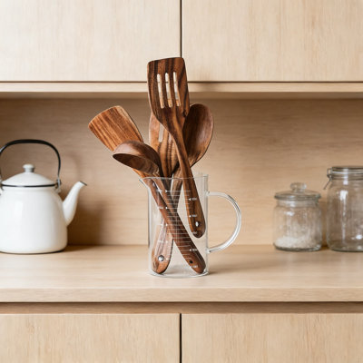 Ensemble d'ustensiles en bois d'acacia 5 pièces anti-rayures cuillères de cuisine et spatules pour cuisiner, mélanger, servir avec une batterie de cuisine antiadhésive