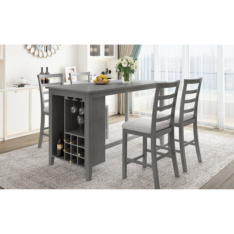 Table de salle à manger rustique gris et chaise avec sièges rembourrés, meubles de rangement pour le vin - 5 pour la maison