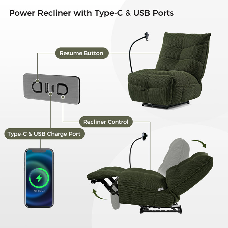 Power Glider Recliner With Wireless Charging & Usb Port, Green