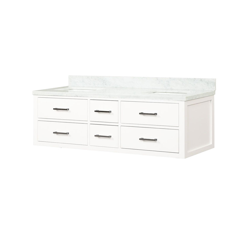 Meuble-lavabo double blanc 60 po x 22 po en marbre, fabrication en bois massif, fermeture en douceur, plateau en marbre, cadre et armoire incluse