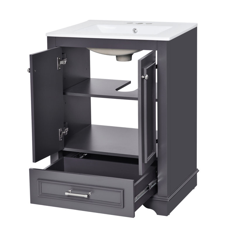 Meuble-lavabo autoportant moderne de 24 po avec lavabo en résine, portes à fermeture douce et grand espace de rangement