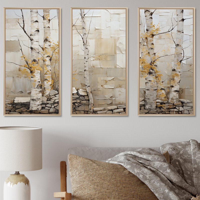 Forêt de bois de bouleau beige et jaune II - arbre, art mural, H 28 po x l 36 po x P 1 po, Cadre flottant érable
