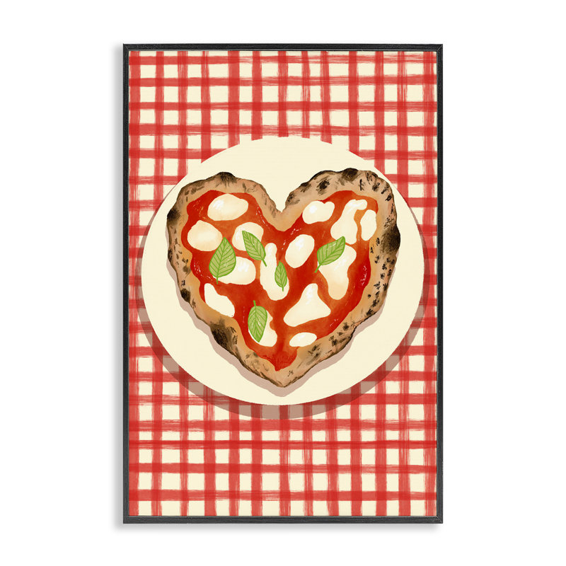 Giclée encadrée «Heart Pizza on Red Check», conception par Florentina Dolci, H 18 po x l 12 po, Giclée encadrée noir minuit