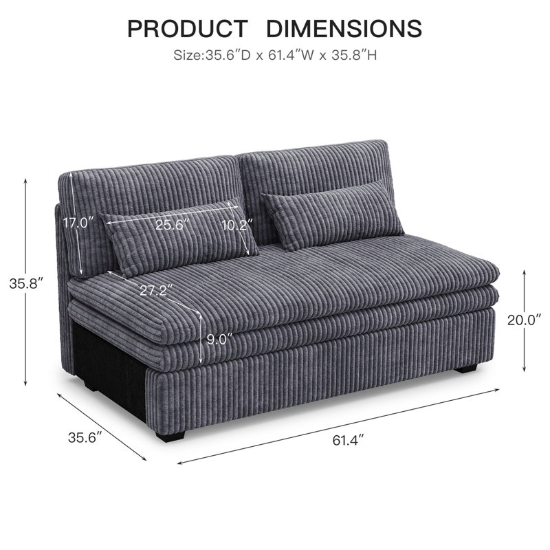 Manuel Corduroy Armless 2-Seat Module, Gris