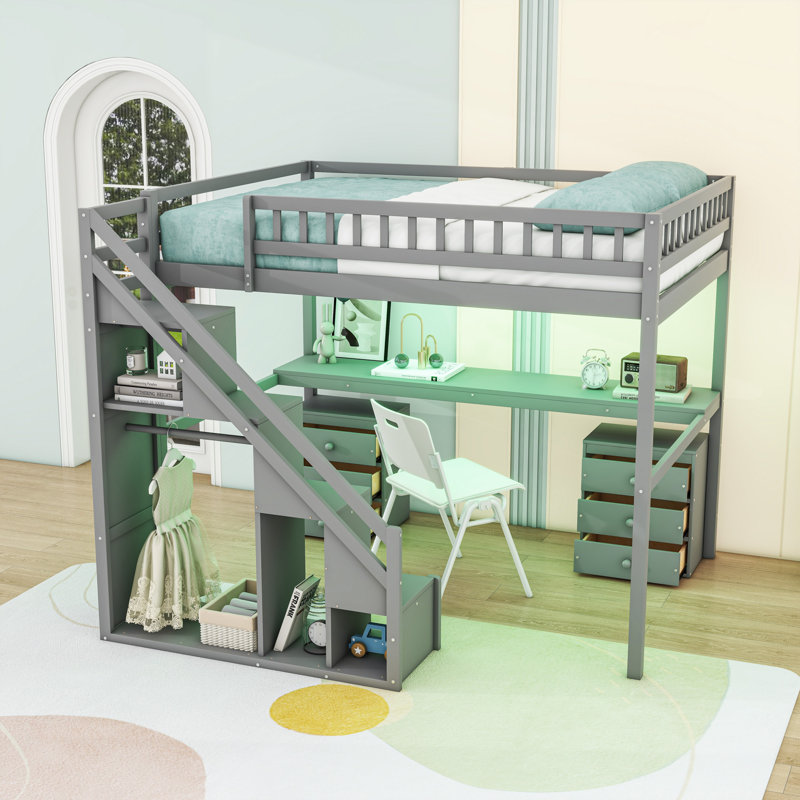 Lit mezzanine avec deux tiroirs, bureau et lumière, gris, Complète